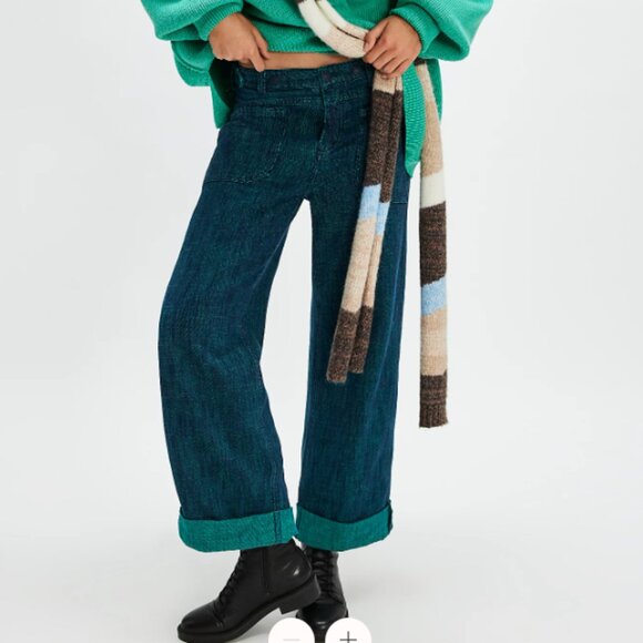 We The Free Denim - Free People We The Free Palmer Yarn Dyed Cuff Jeans Lagoon Blue Wide Leg Boho